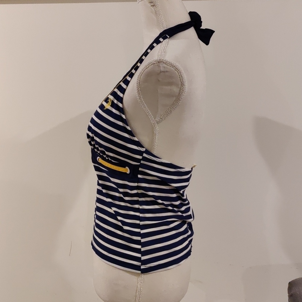 Us Polo Navy & White Striped Halter Tankini Swim Top Yellow Trim Y2K Nautical - Picture 2 of 7